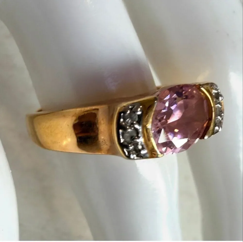 Gold Tone Pink Oval Statement Ring with Clear Accent Stones